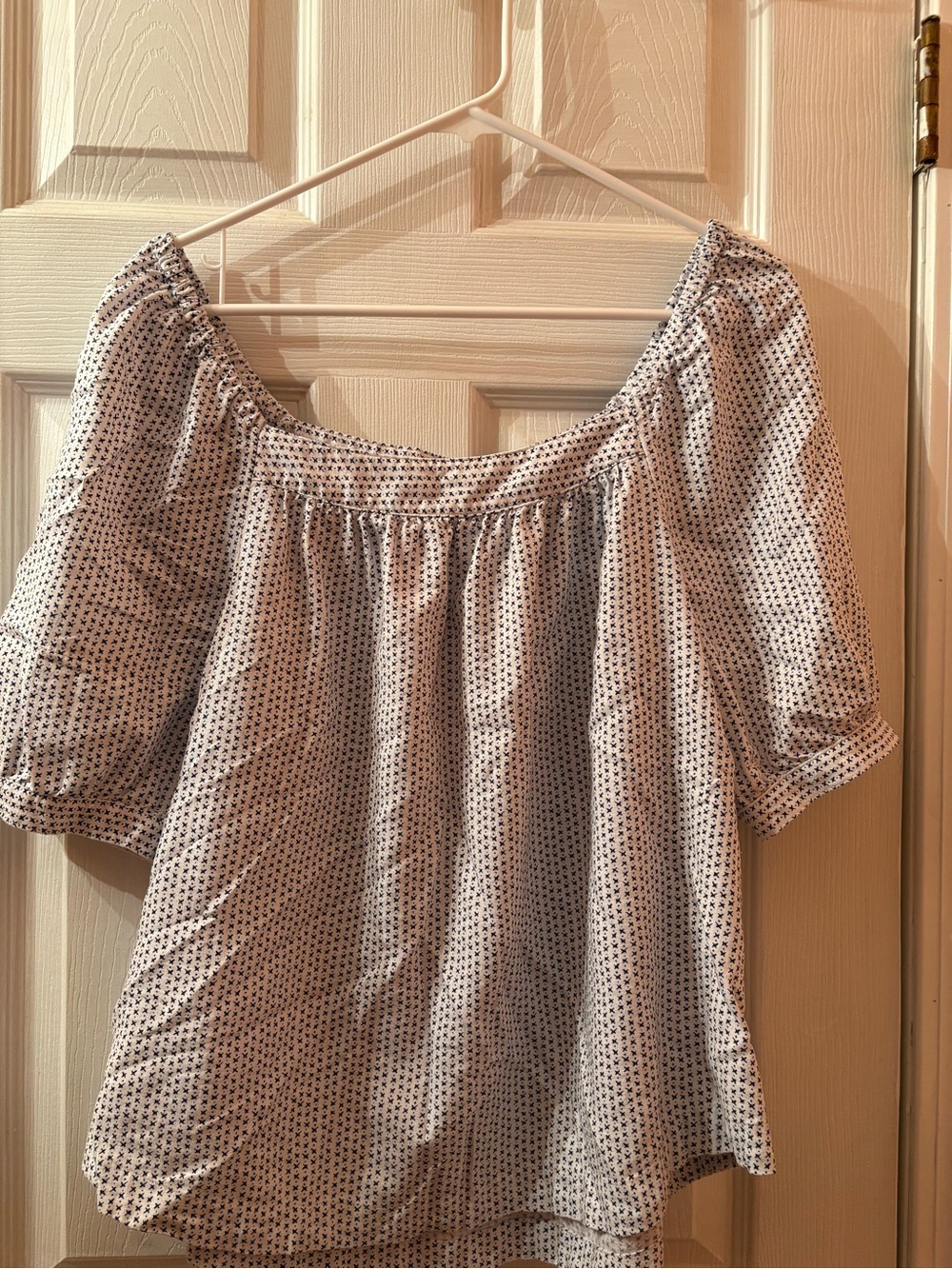 LOFT White Off-Shoulder Puff Sleeve Top with Navy Dot Print